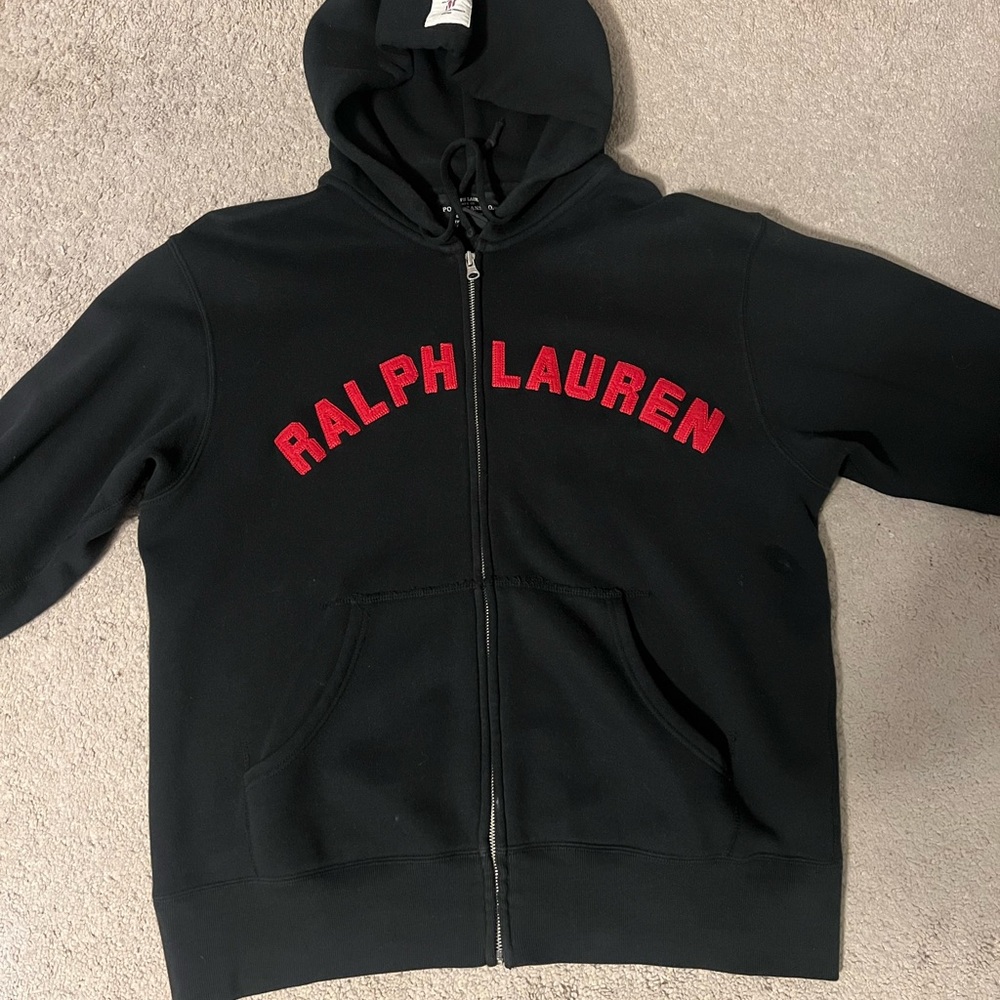 Ralph Lauren Black Zip-Up Hoodie with Red Lettering